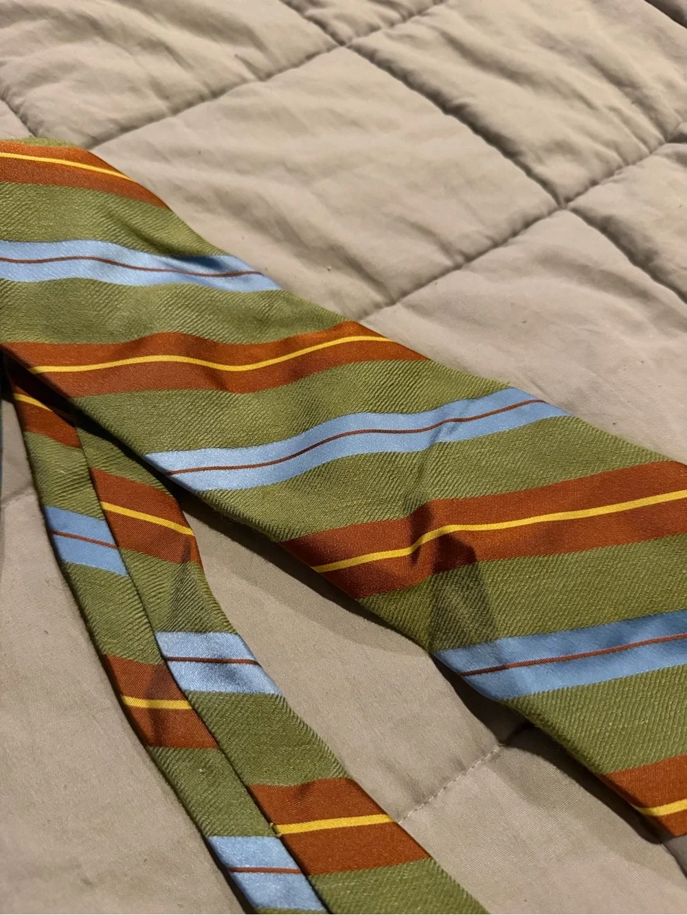 Olive Green Tie with Light Blue and Rust Stripes